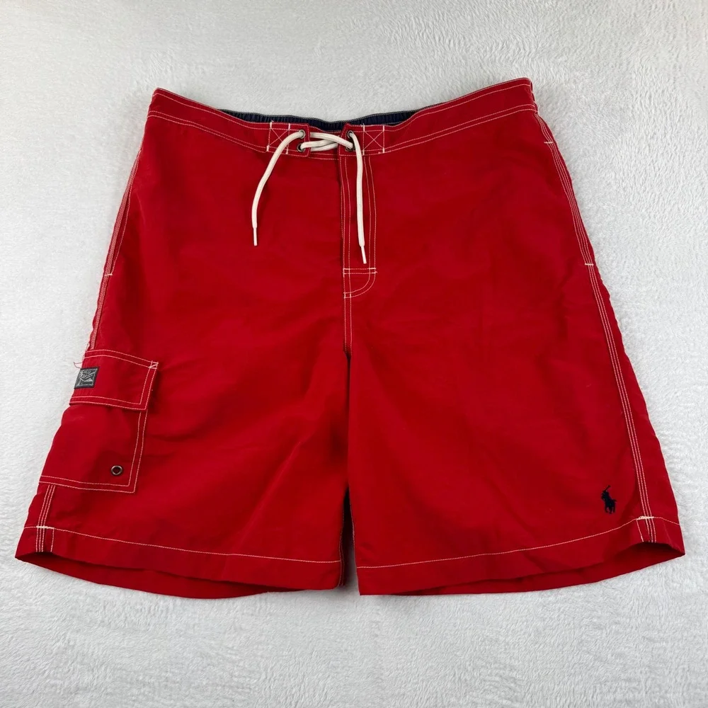 Vintage Polo Ralph Lauren Swim Trunks Men XL Red Board Shorts Cargo Pocket Nylon